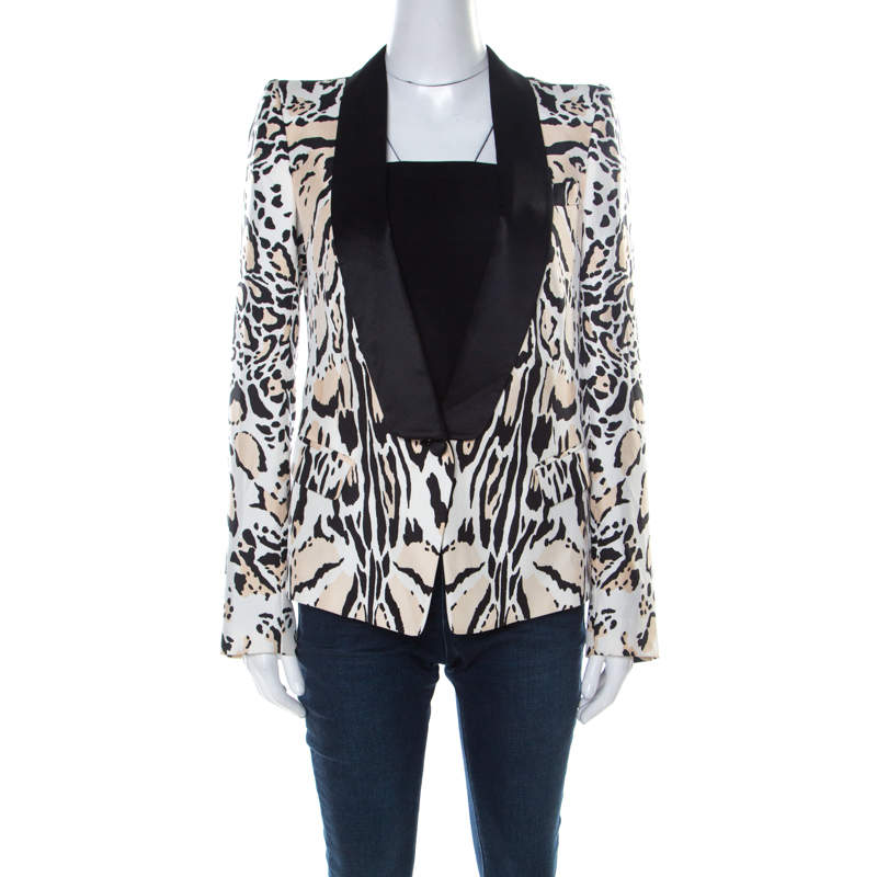 Pre Owned Roberto Cavalli Beige & Black Leopard Print Silk Blazer S 