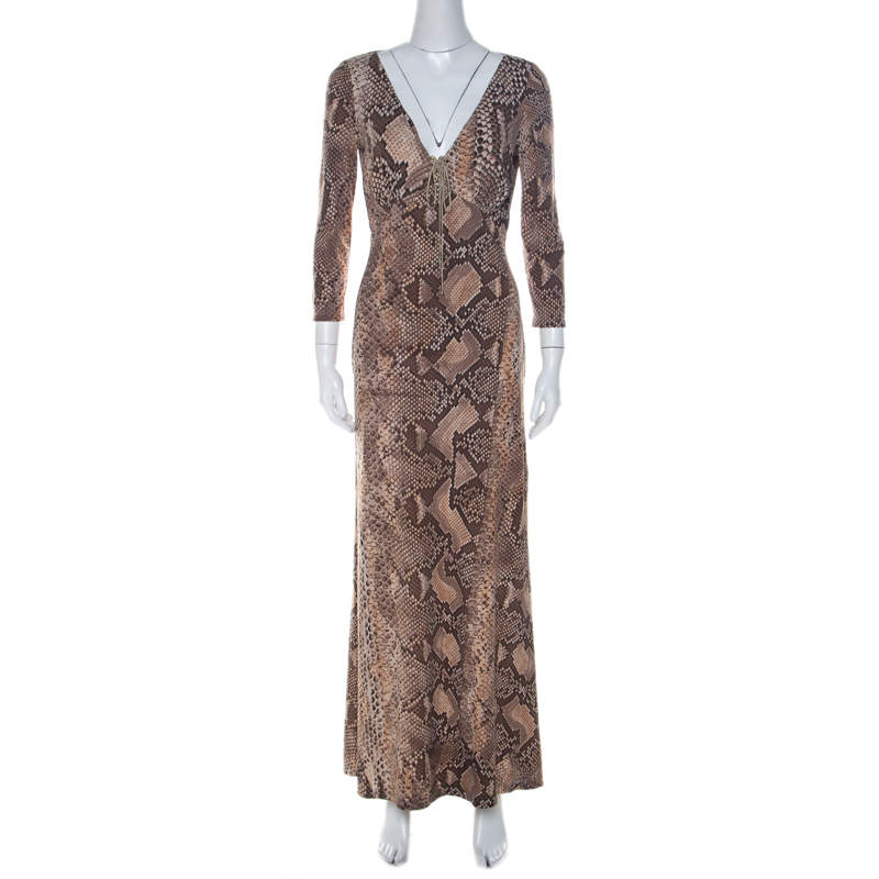 Pre Owned Roberto Cavalli Brown Python Print Front Lace Detail Maxi Dress M