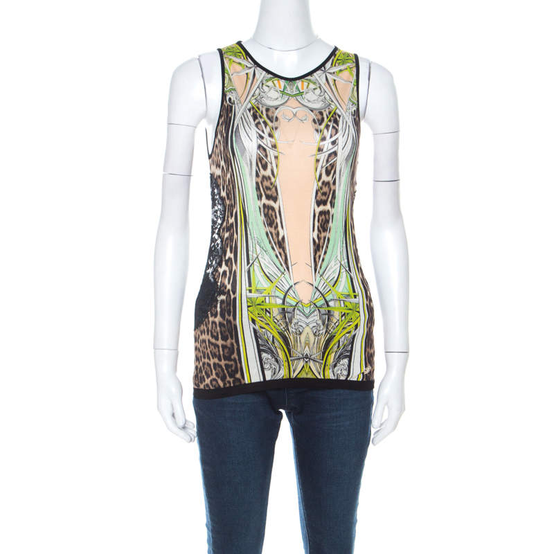 Pre Owned Roberto Cavalli Multicolor Leopard & Graphic Print Silk Jersey Lace Paneled Vest M 