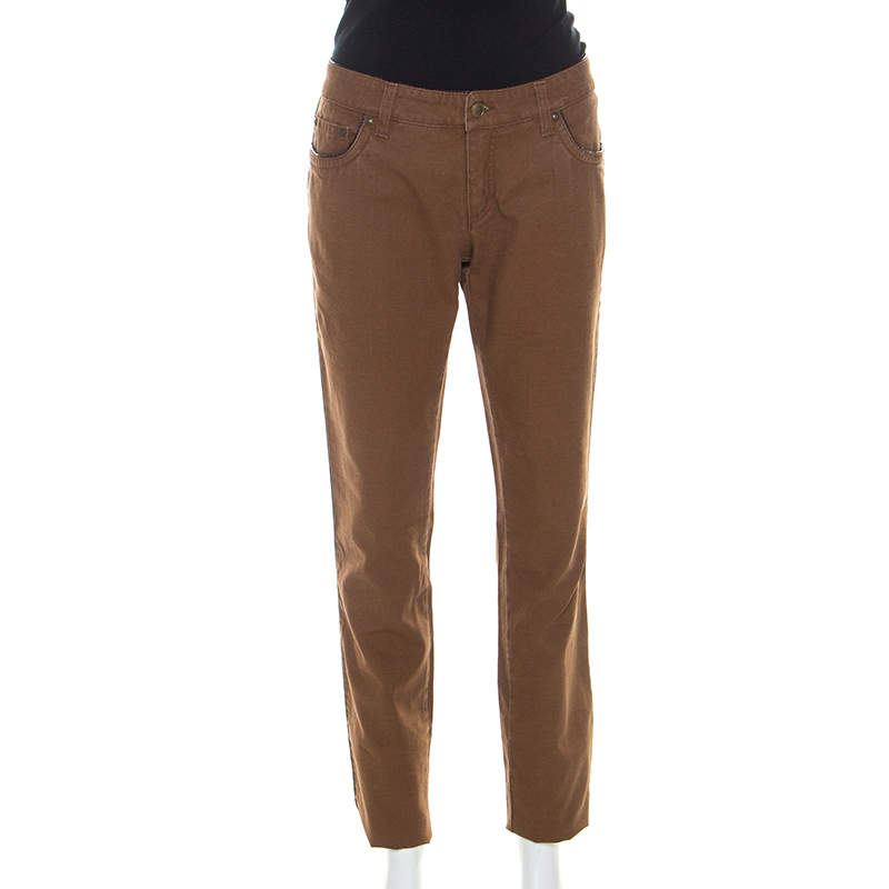 Pre Owned Roberto Cavalli Brown Stretch Cotton Leather Piping Detail Jeans M