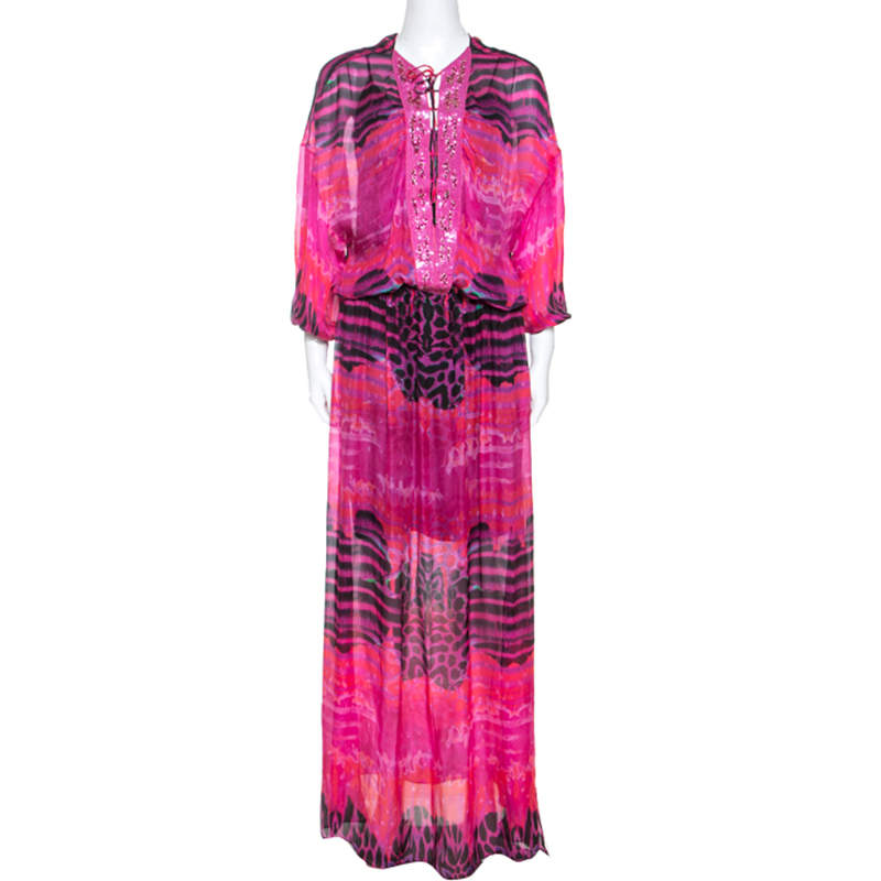 مملوكة مسبقًا Roberto Cavalli Pink Printed Chiffon Embellished Neckline Detail Maxi Dress S