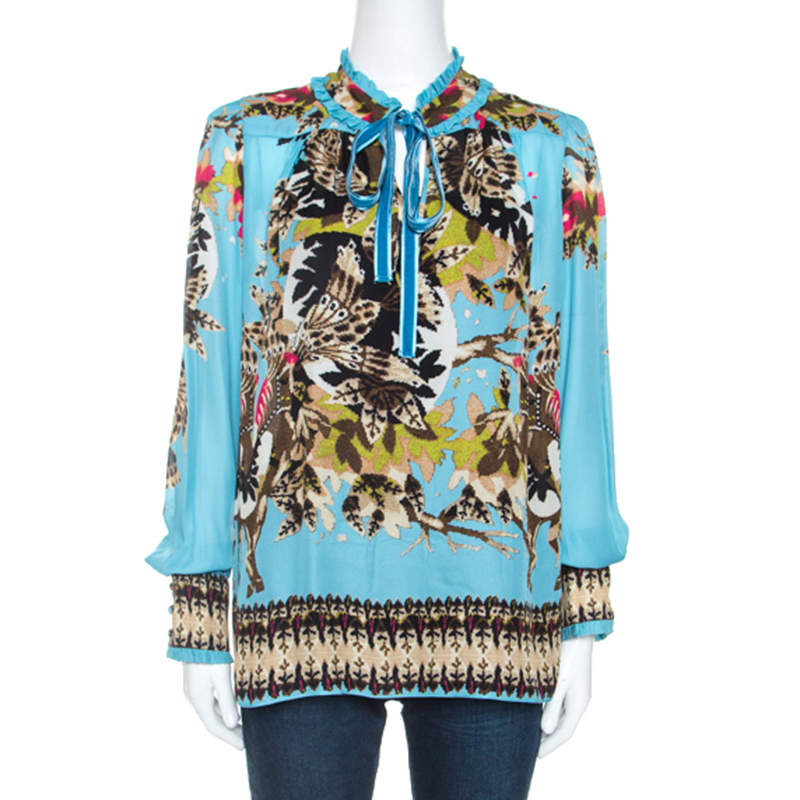 Pre Owned Roberto Cavalli Blue Printed Silk Ruffled Collar Detail Blouse M