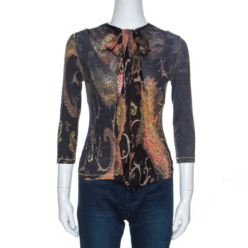 Roberto Cavalli Black Printed Stretch Knit Neck Tie Detail Top S