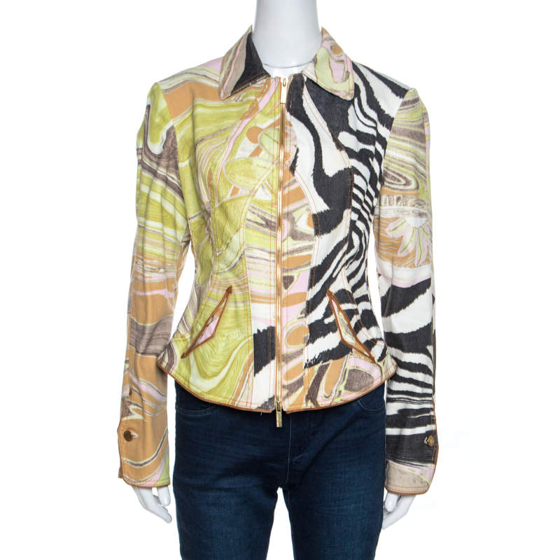 Pre Owned جاكت روبرتو كافالي سحاب أمامي قطن طباعة تجريدية متعدد الألوان M