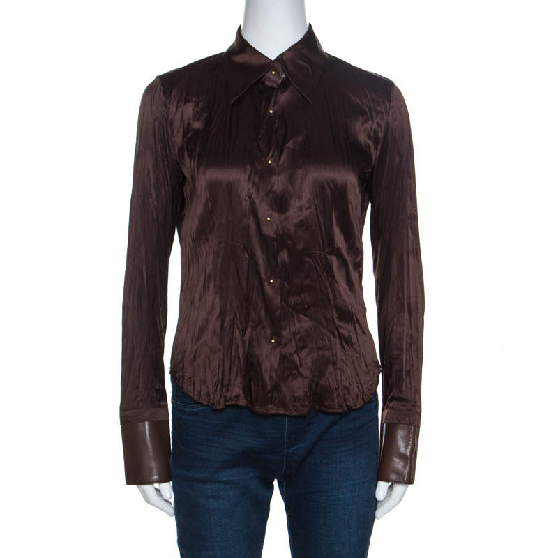 Pre Owned قميص روبرتو كافالي أزرار أمامية حافة جلد ساتان حرير بني S