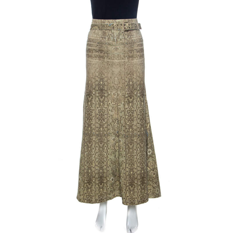 Pre Owned Roberto Cavalli Beige Lace Print Cotton Maxi Skirt M