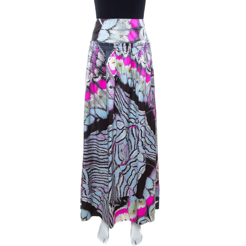 Pre Owned Roberto Cavalli Multicolor Abstract Print Satin Maxi Skirt M