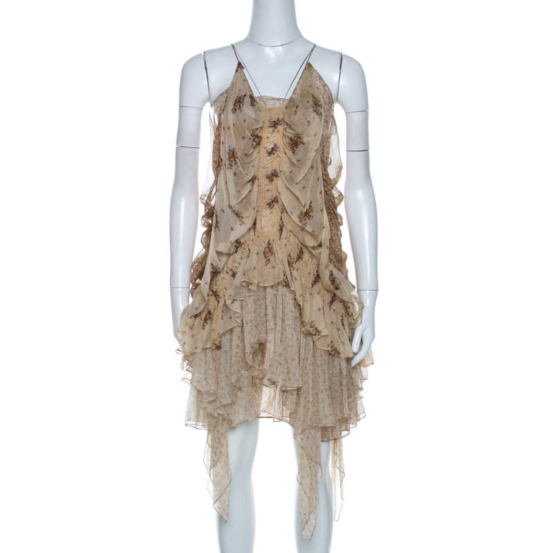 Pre Owned Roberto Cavalli Beige Floral Print Chiffon Silk Strappy Tiered Dress M
