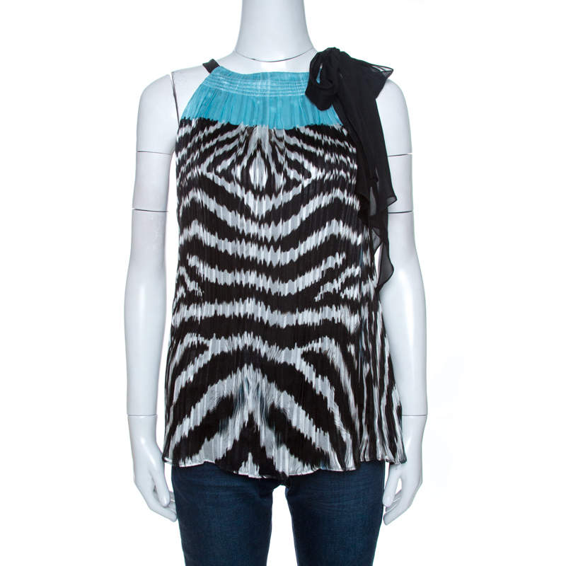 مملوكة مسبقًا توب روبرتو كافالي حرير أسود مطبوع بطيات برقبة حمالات مقاس صغير (سمول)