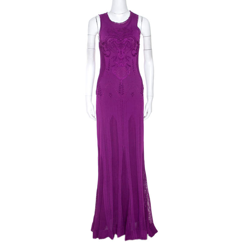 Pre Owned Roberto Cavalli Fuschia Crochet Knit Sleeveless Maxi Dress S 
