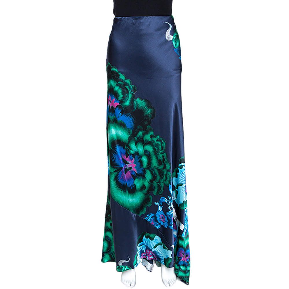 مملوكة مسبقًا Roberto Cavalli Navy Blue Floral Print Silk Satin Flared Maxi Skirt L