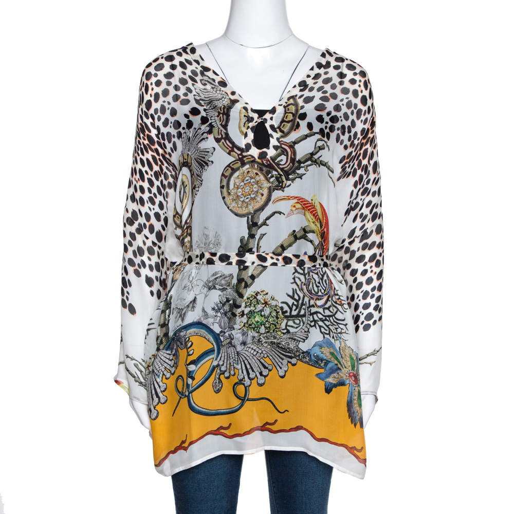 مملوكة مسبقًا توب قفطان روبرتو كافالي هيرا حرير مطبوع متعدد الألوان بحزام مقاس كبير (لارج)