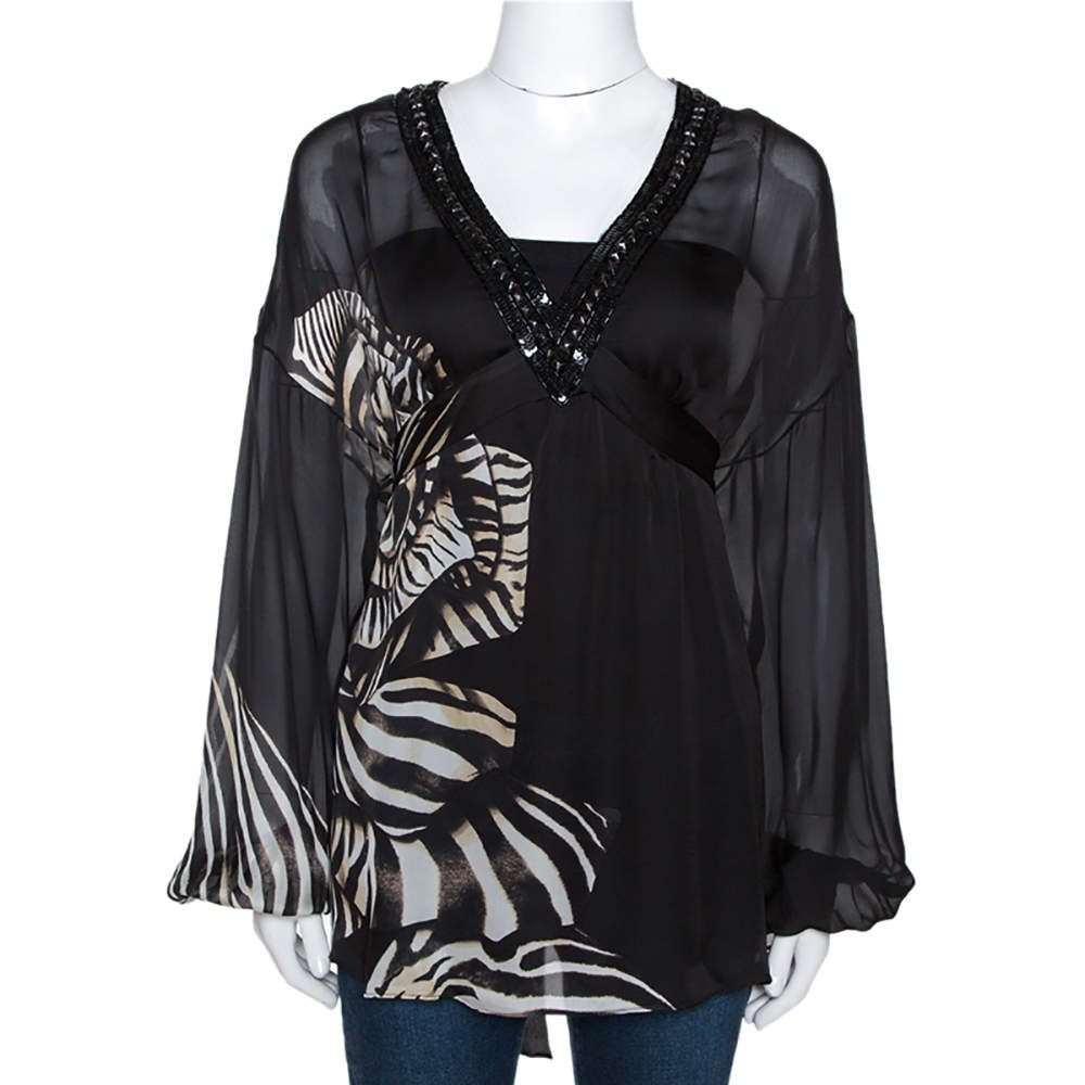 Pre Owned بلوزة روبرتو كافالي حرير أسود نقشة الفهد مزين بربطة عنق مقاس صغير (سمول)