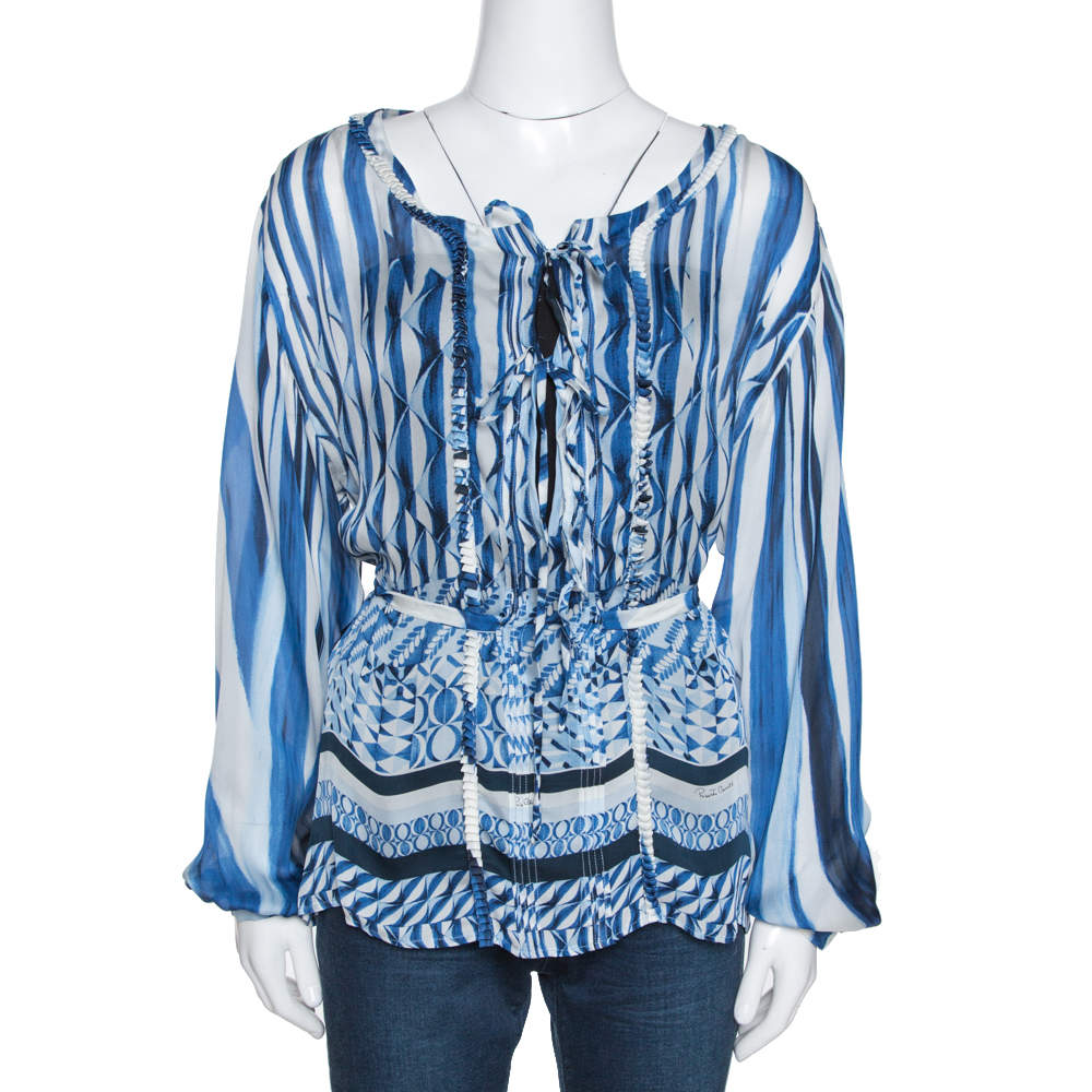 Pre Owned Roberto Cavalli Blue and White Deco Print Silk Tie Up Blouse M