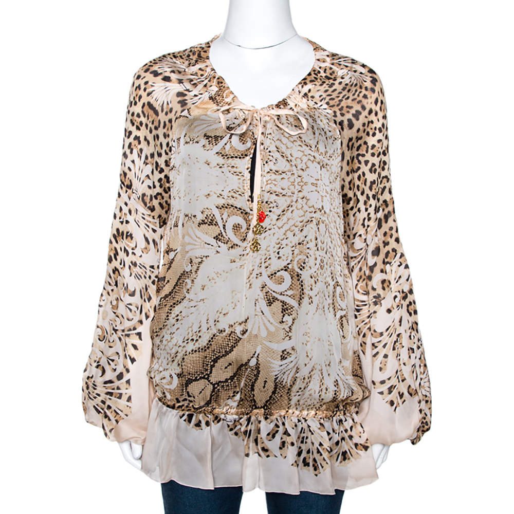 Pre Owned Roberto Cavalli Cream Animal Print Silk Elasticized Drop Waist Blouse L