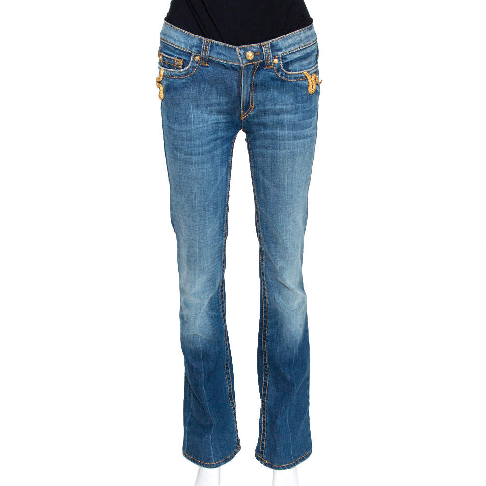 Pre Owned بنطلون جينز روبرتو كافالي دينم أزرق داكن متوسط بتفاصيل معدنية مقاس صغير (سمول)