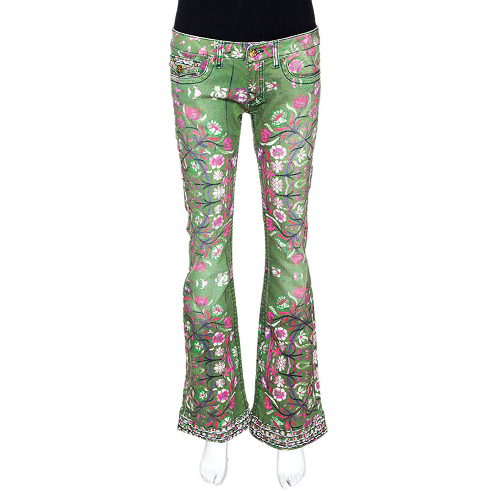 مملوكة مسبقًا Roberto Cavalli Green Floral Print Denim Flared Jeans S