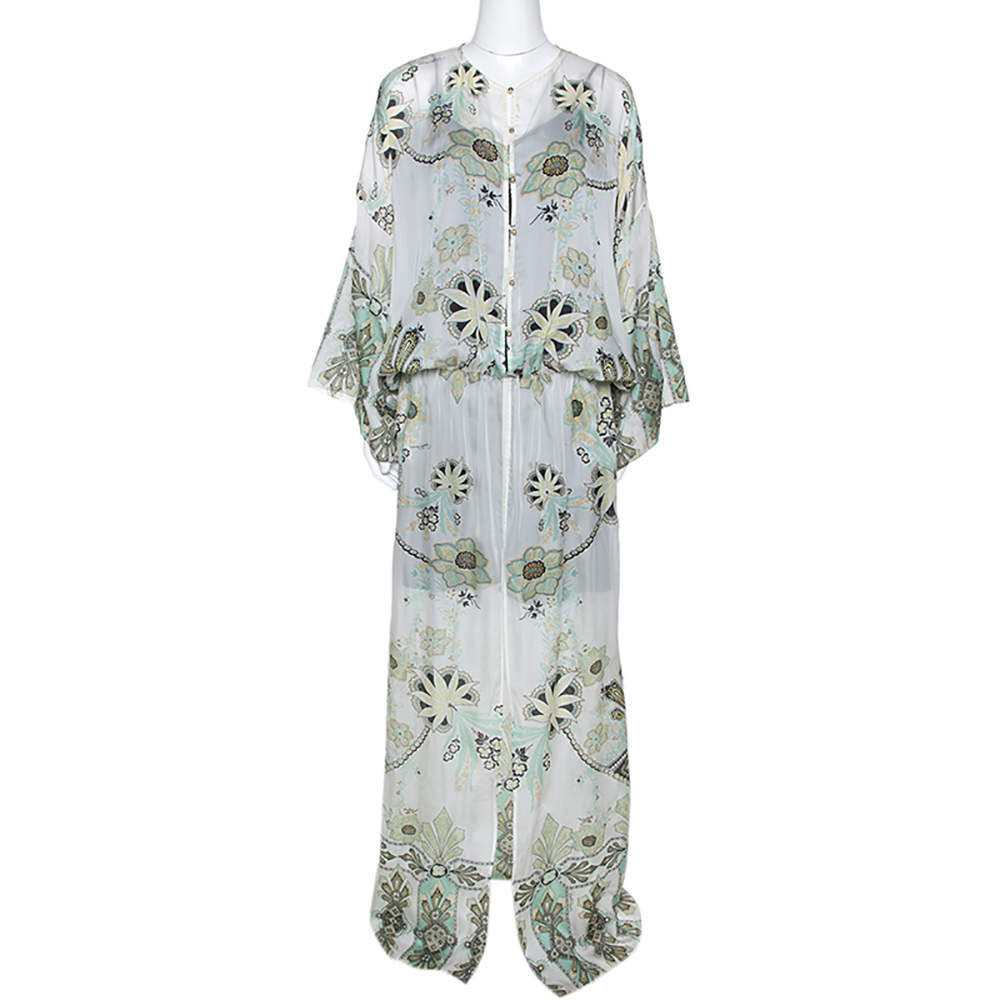 Pre Owned قفطان روبرتو كافالي حرير مورد لامع أوف وايت بشق مزين مقاس كبير (لارج)