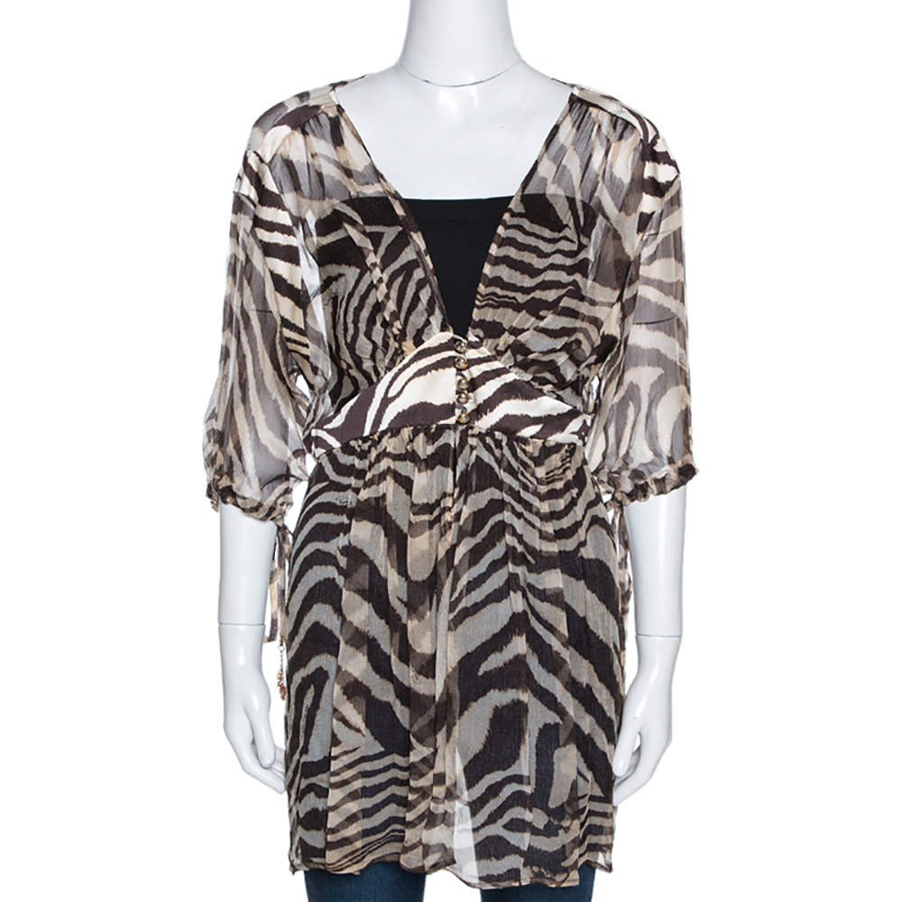 Pre Owned Roberto Cavalli Brown Animal Print Silk Sheer Kaftan Top L