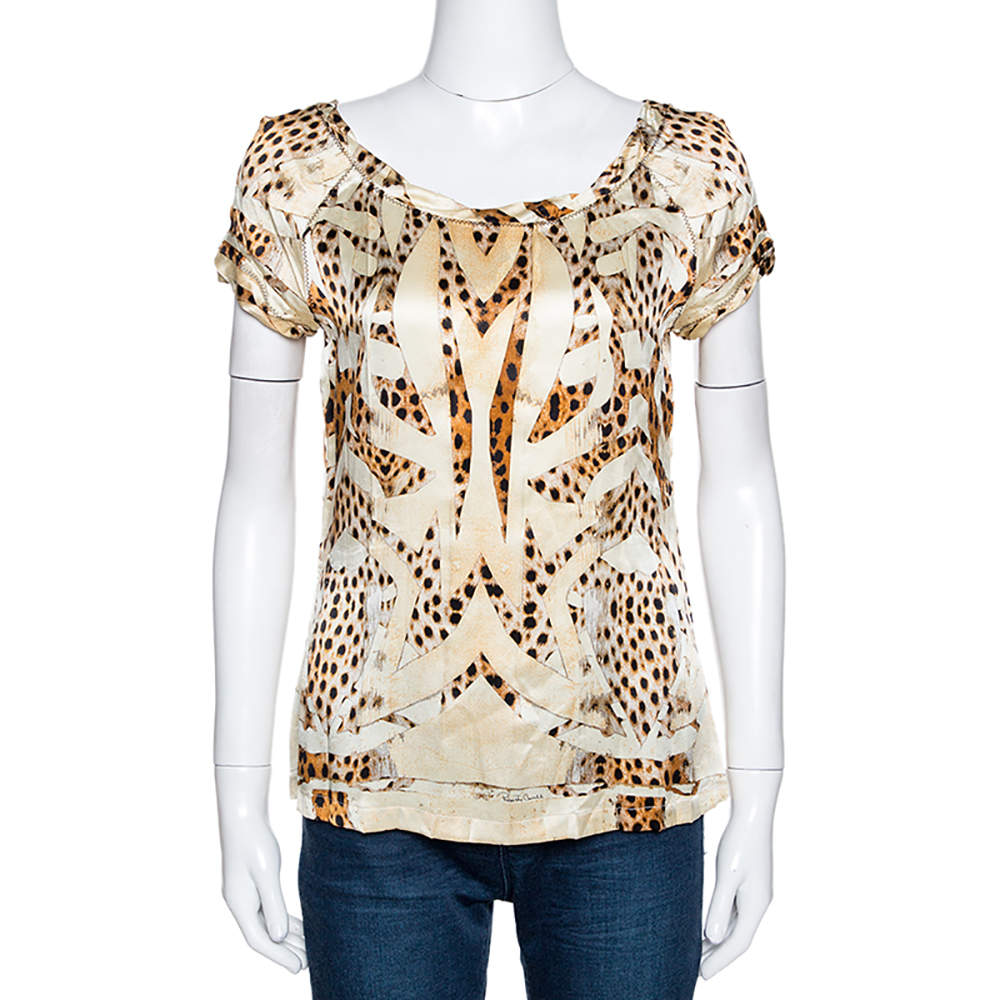 Pre Owned Roberto Cavalli Cream and Beige Silk Leopard Print Short Sleeve Top S