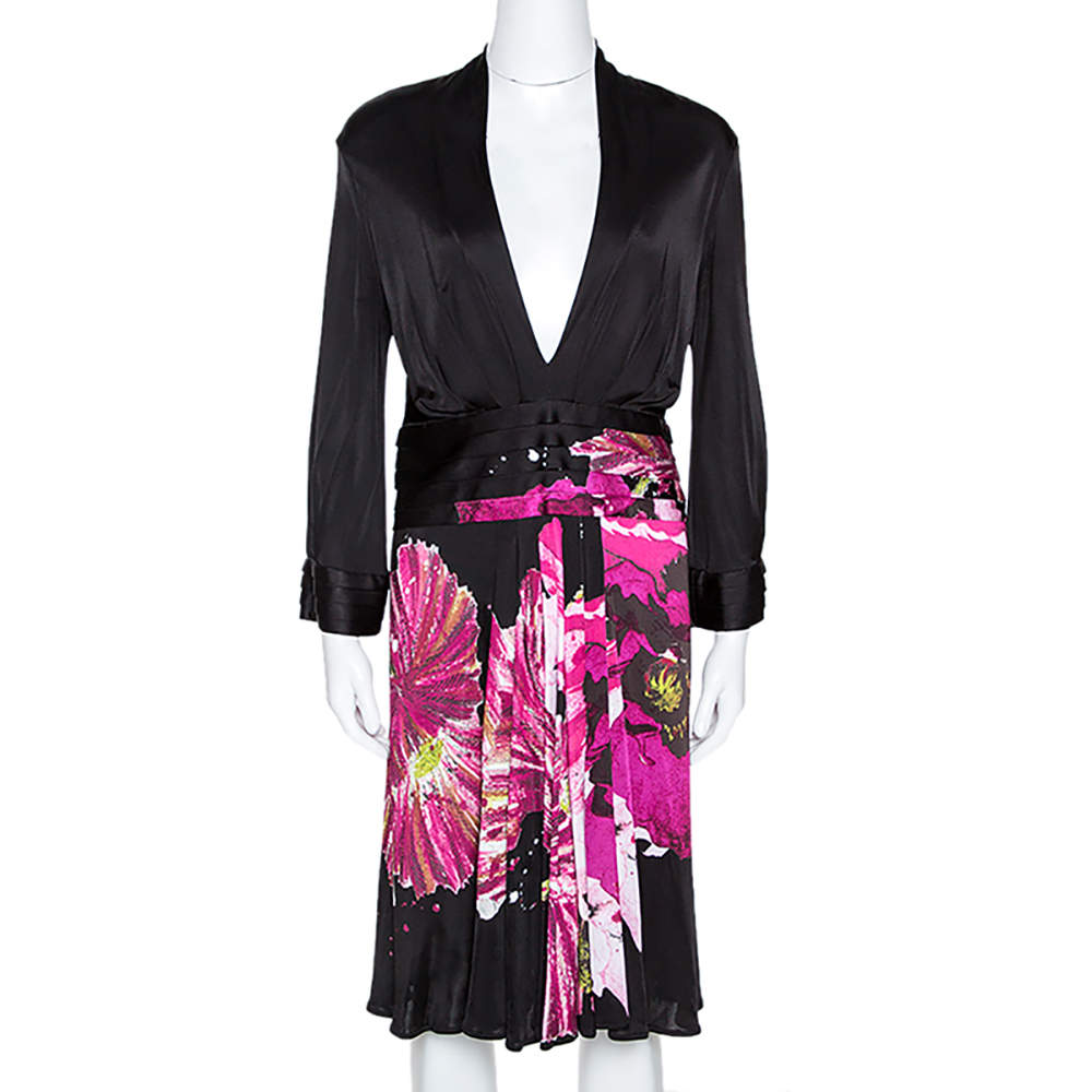 Roberto Cavalli Black Floral Print Stretch Knit Plunge Neck Dress M