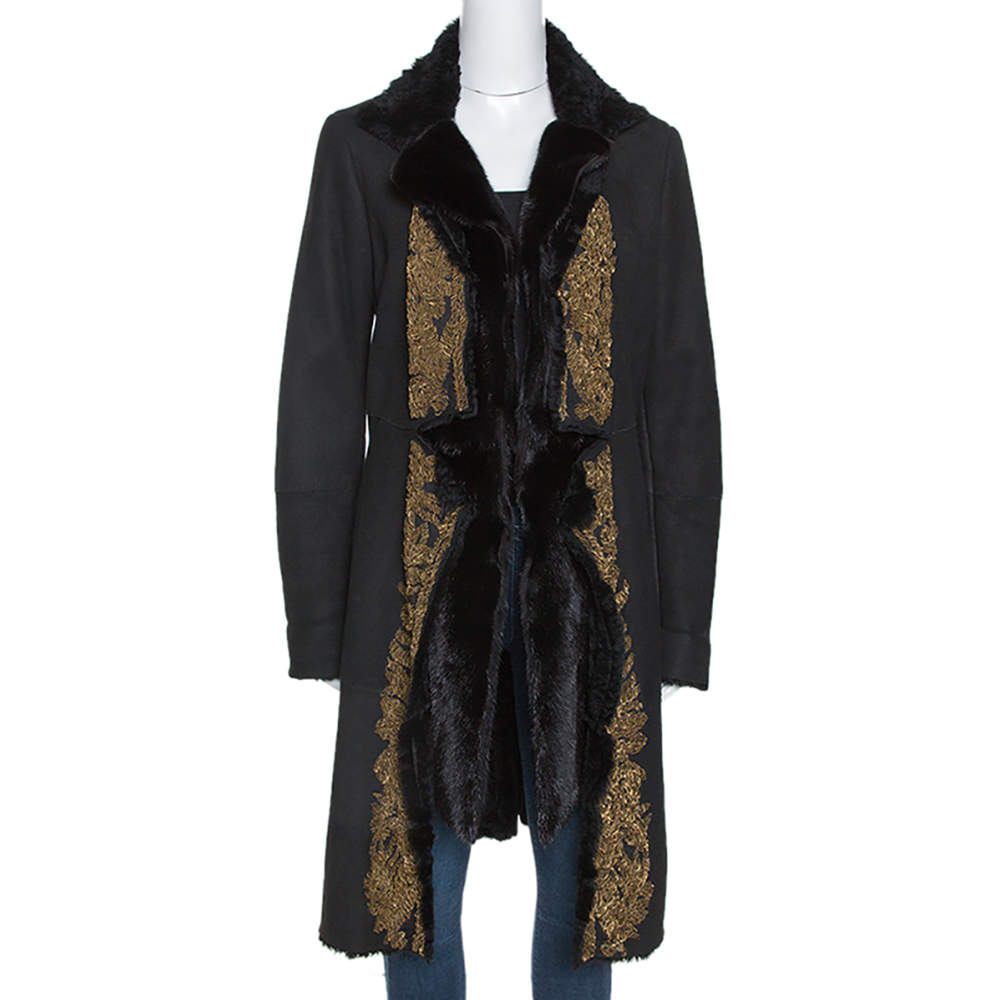 Pre Owned Roberto Cavalli Black Embellished Shearling Fur Lined Coat M