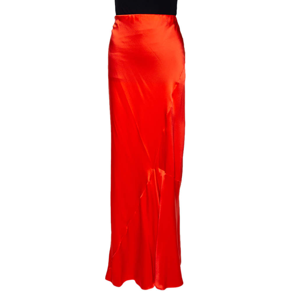 Pre Owned Roberto Cavalli Bright Orange Satin Silk Flared Maxi Skirt L