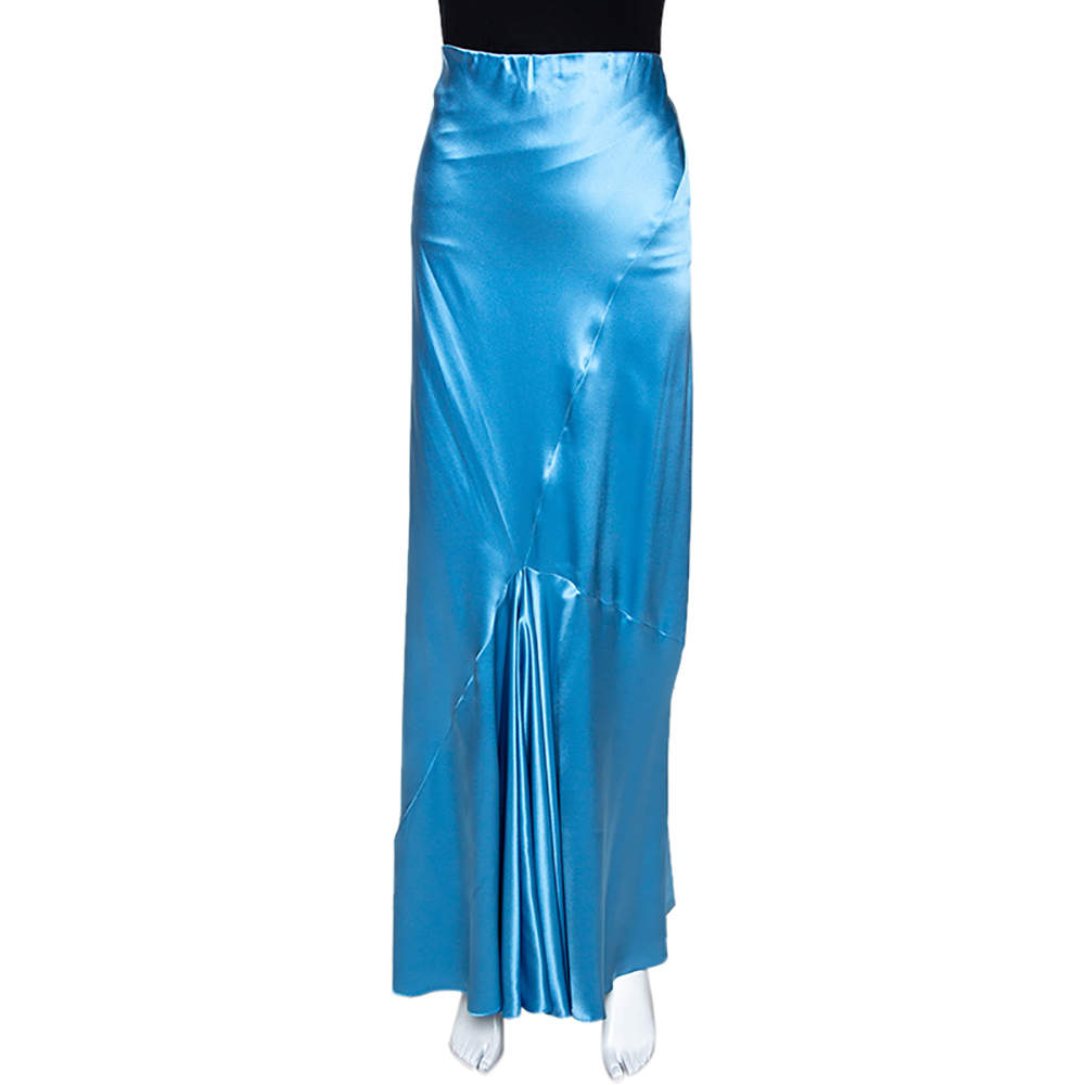 Pre Owned تنورة ماكسي روبرتو كافالي حرير ساتان أزرق بودرة مقاس كبير (لارج)