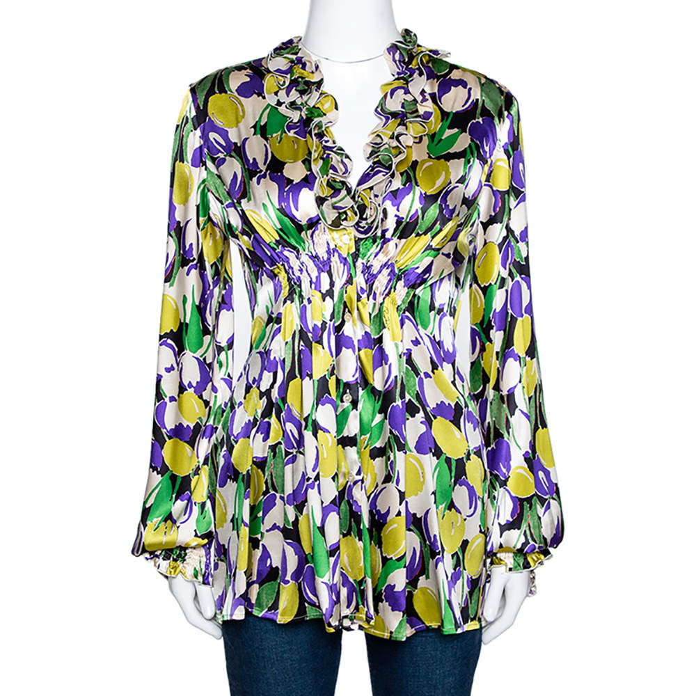 Pre Owned توب روبرتو كافالي حرير مطبوع متعدد الألوان مكش كش مقاس متوسط (ميديوم)