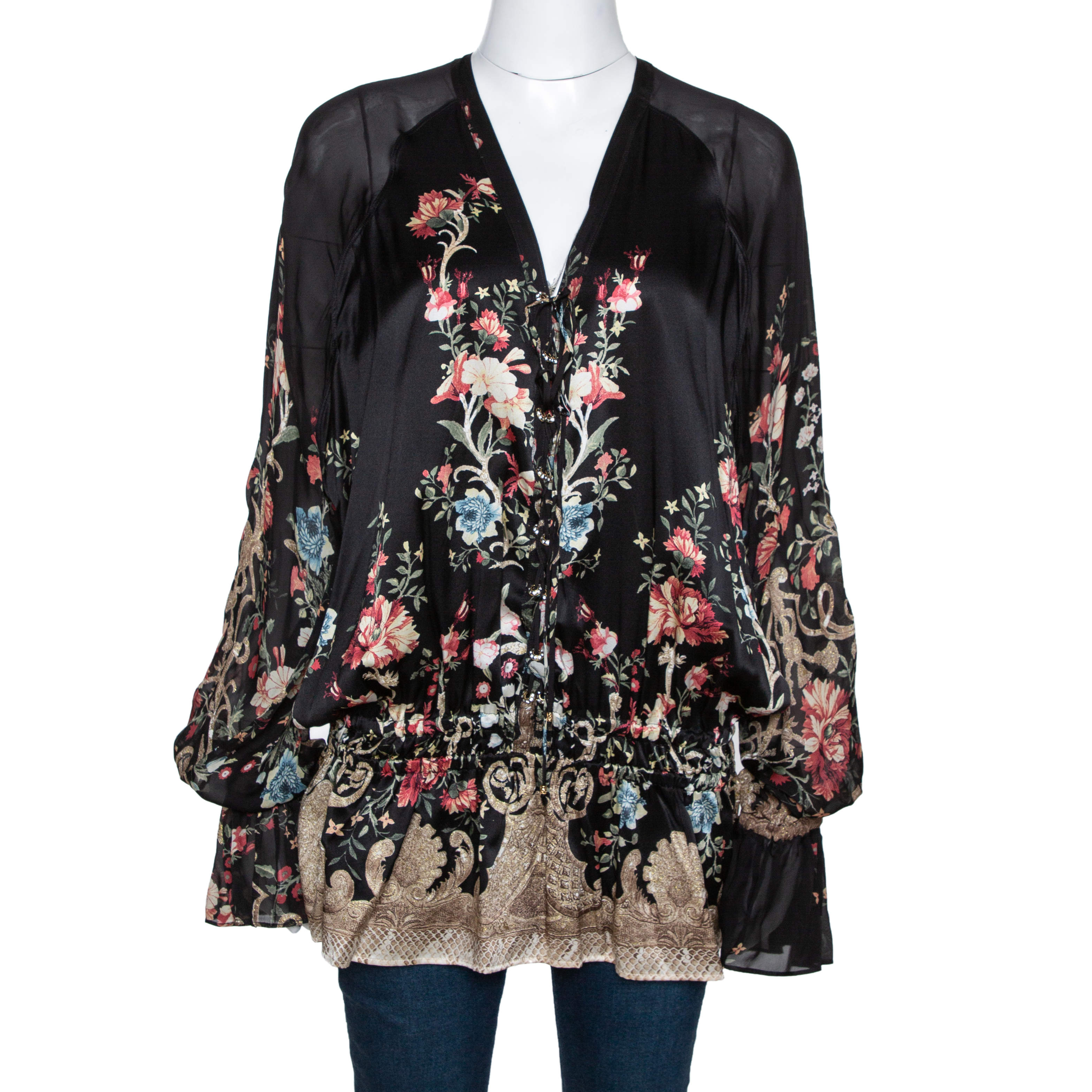 Pre Owned Roberto Cavalli Black Floral Printed Silk Tunic Top L 