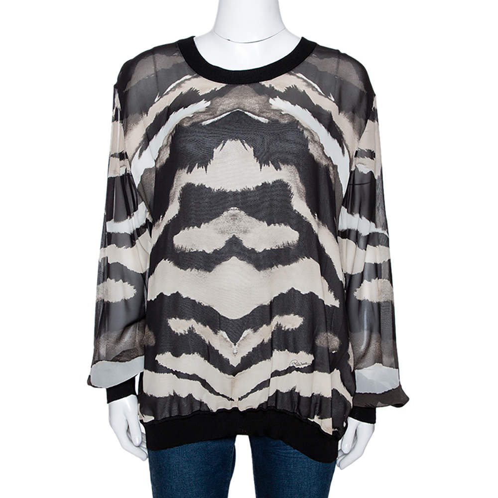 Pre Owned Roberto Cavalli Black Printed Silk & Knit Paneled Jumper L