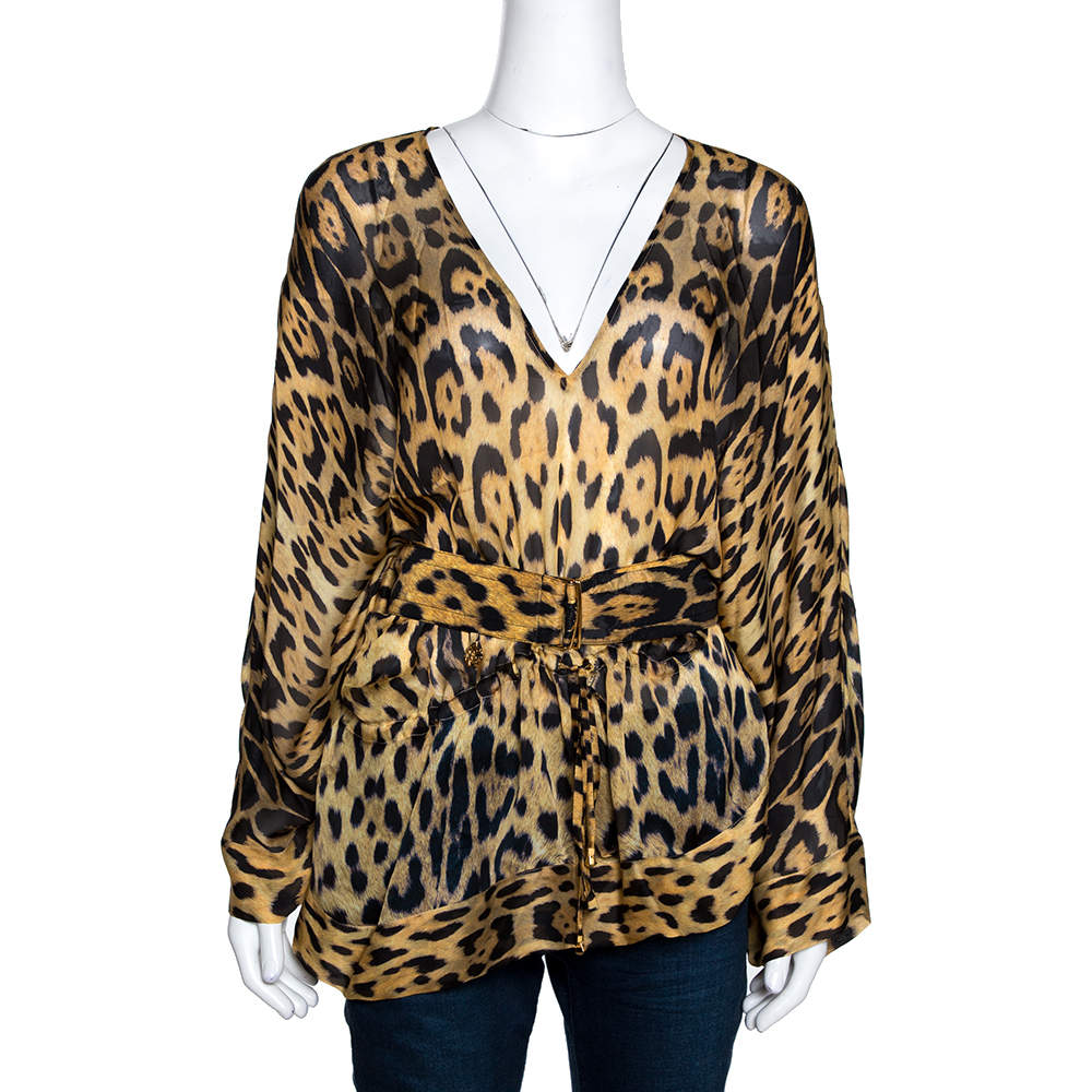 Pre Owned Roberto Cavalli Beige Leopard Print Silk Belted Kaftan M