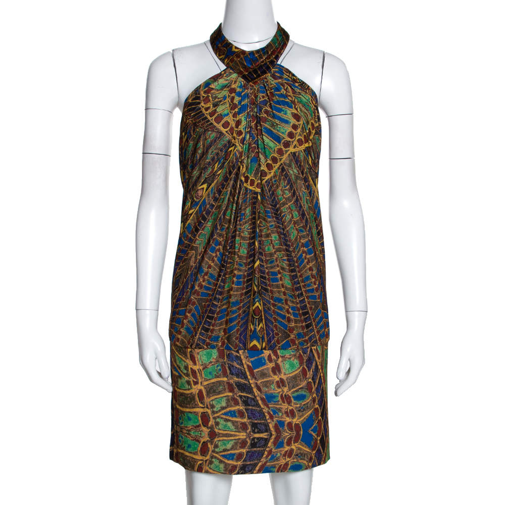 Pre Owned Roberto Cavalli Multicolor Printed Silk Mini Halter Dress M