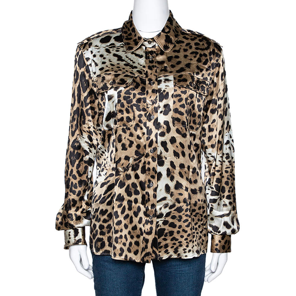 Pre Owned قميص روبرتو كافالي حرير بيج نقشة الفهد مقاس كبير (لارج)