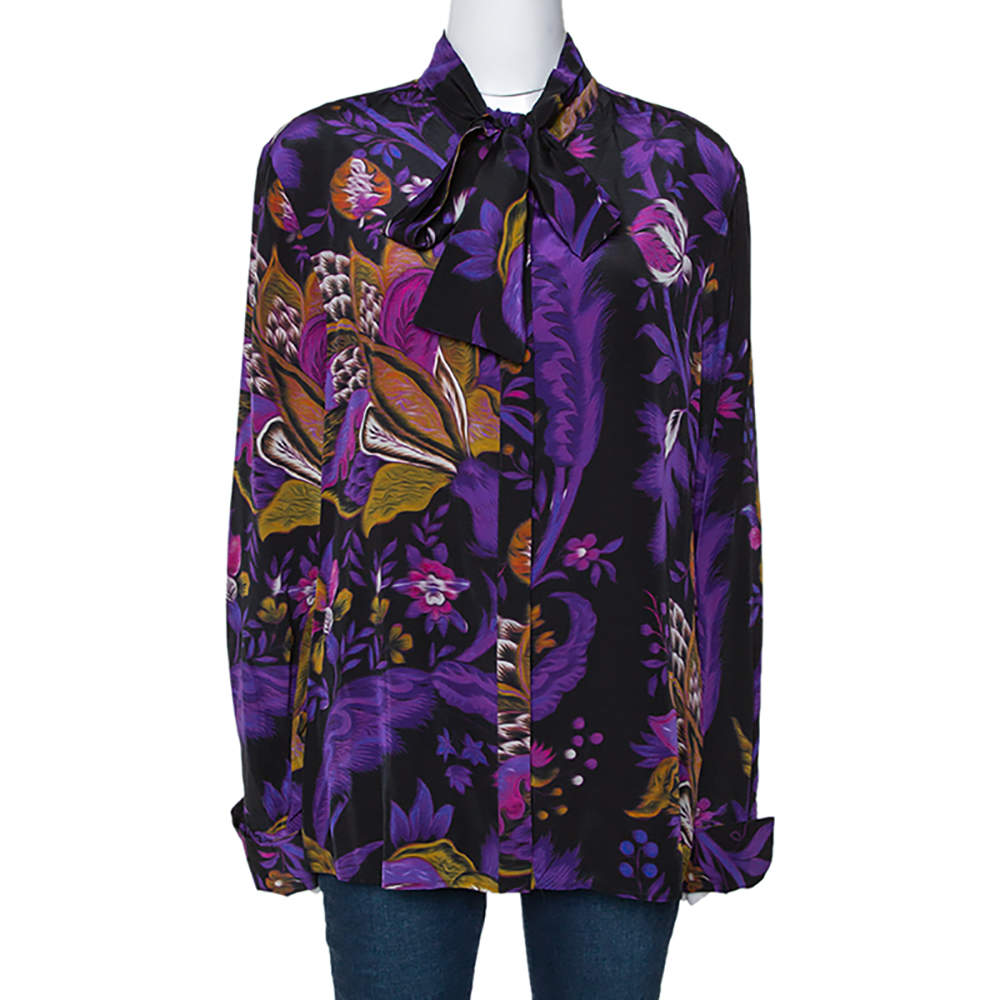 Pre Owned Roberto Cavalli Purple Floral Print Silk Neck Tie Detail Blouse L