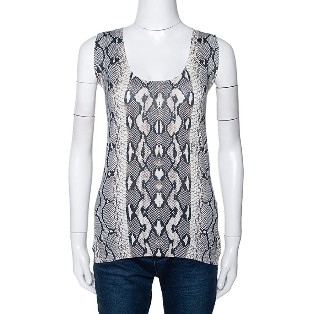 Pre Owned Roberto Cavalli Grey Snake Printed Knit Scoop Neck Top M