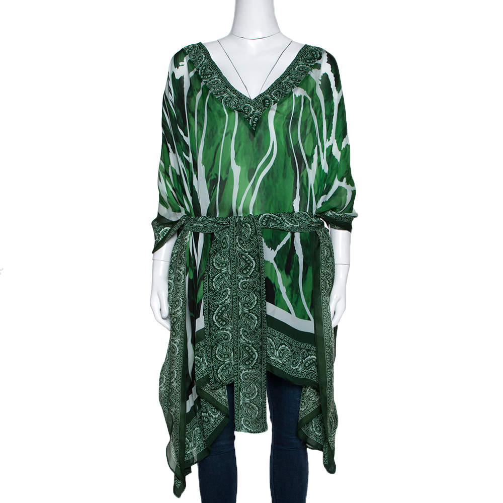 مملوكة مسبقًا Roberto Cavalli Green Paisley Print Silk Belted Kaftan Top M