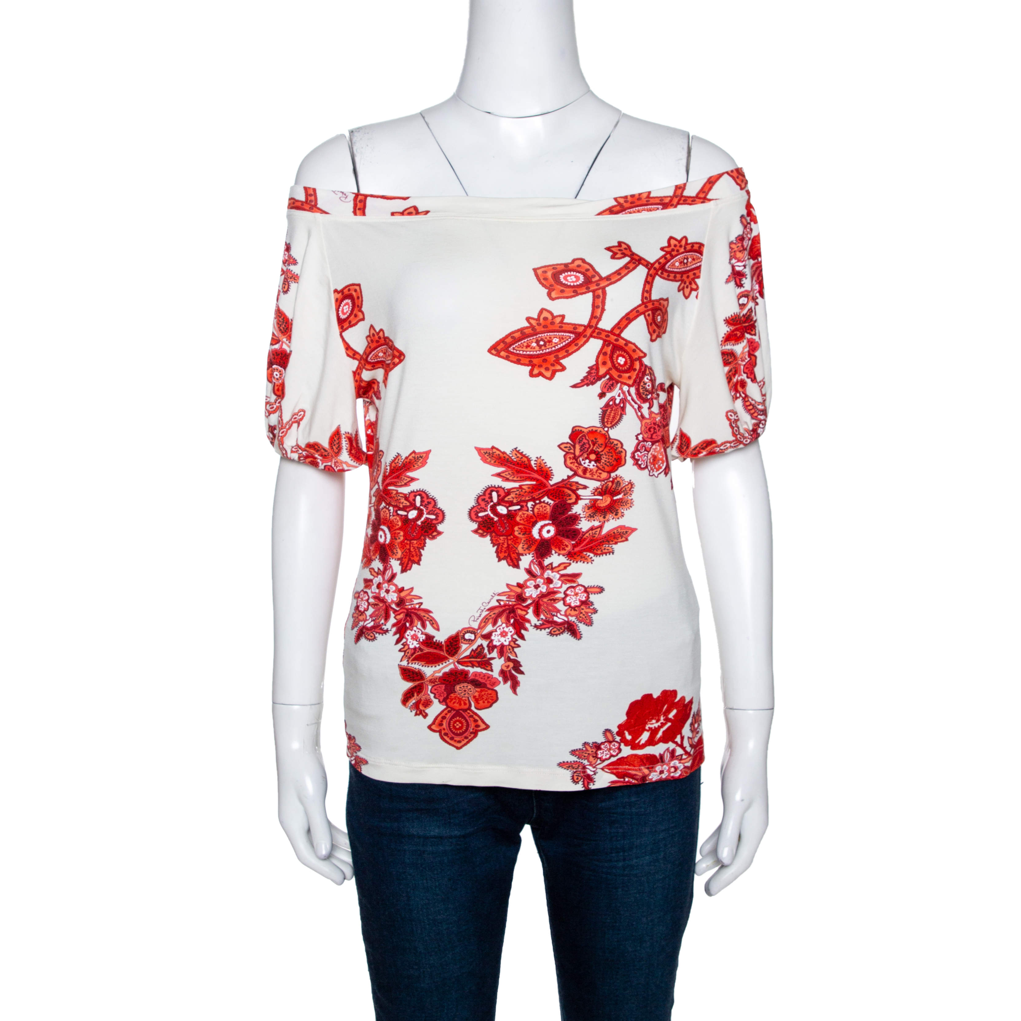 Pre Owned Roberto Cavalli White and Red Floral Print Off Shoulder Top L