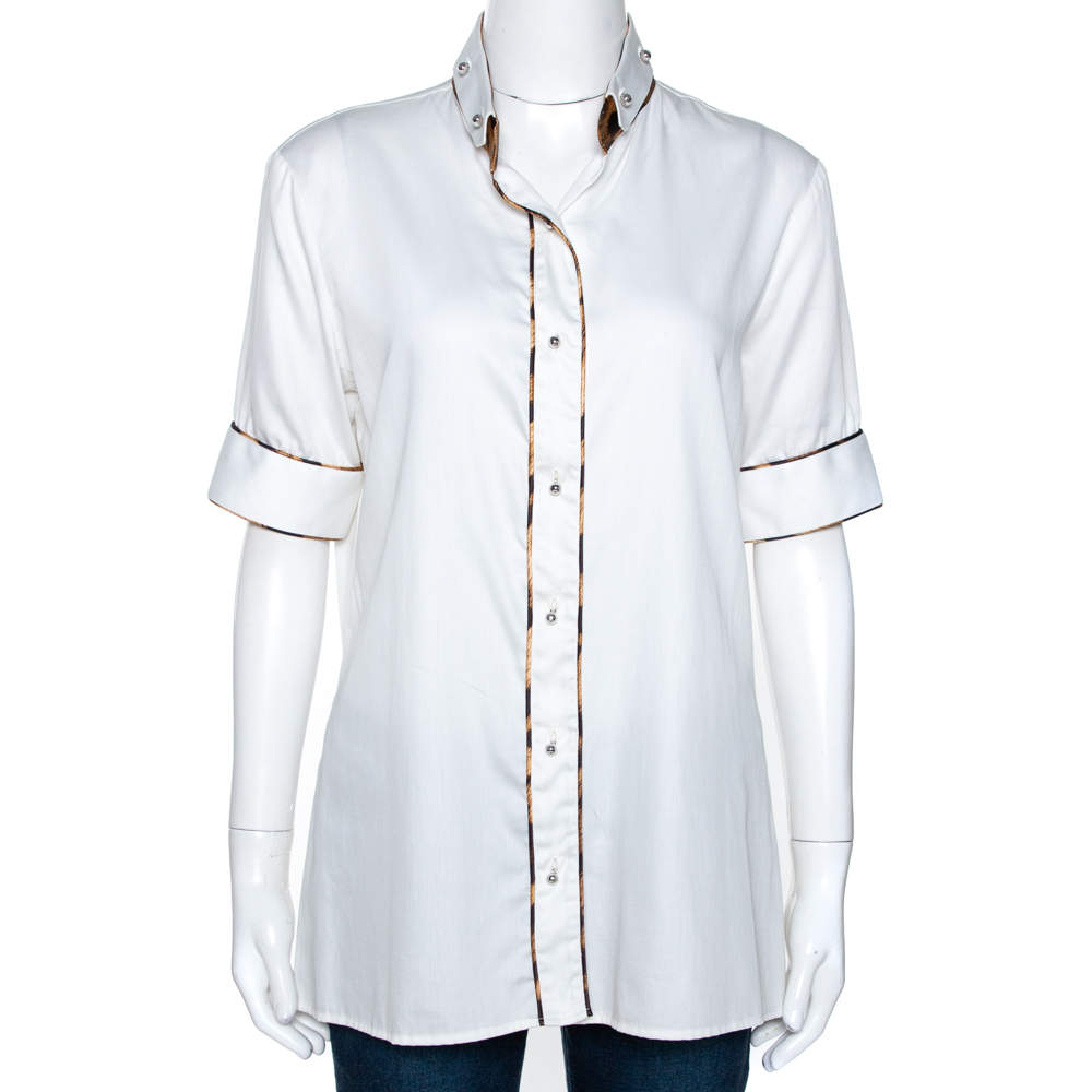 Pre Owned Roberto Cavalli White Cotton Contrast Detail Button Front Shirt L