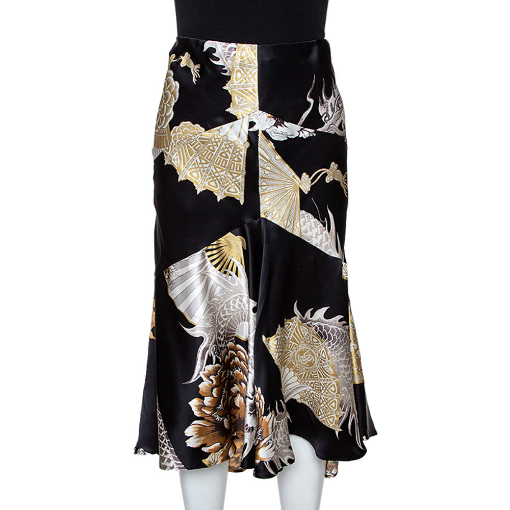Roberto Cavalli Black & Gold Dragon Print Silk Flared Skirt L