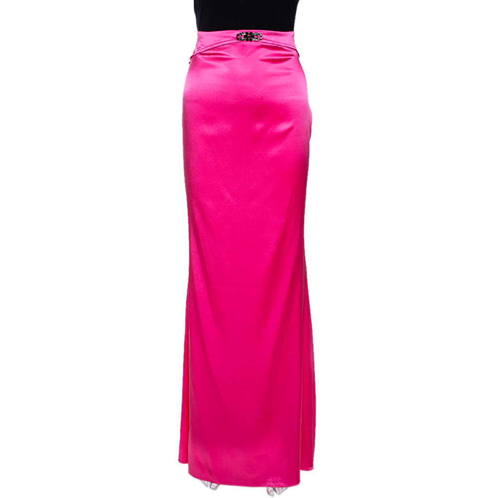 مملوكة مسبقًا Roberto Cavalli Pink Embellished Stretch Satin Silk Maxi Skirt L