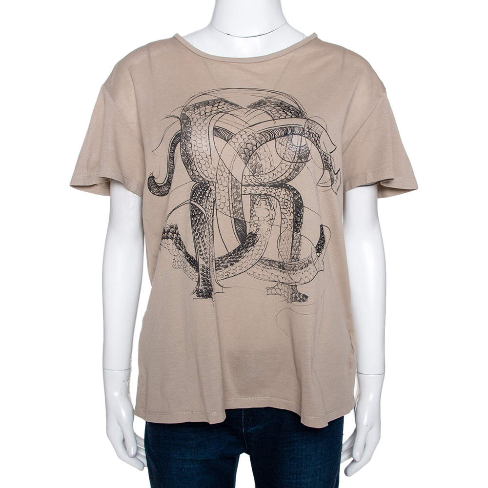 Pre Owned Roberto Cavalli Brown Logo Print Cotton Pique T-Shirt M