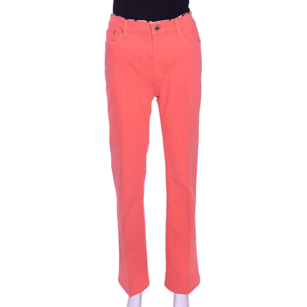 مملوكة مسبقًا Roberto Cavalli Coral Pink Cotton Logo Plaque Detail Jeans L