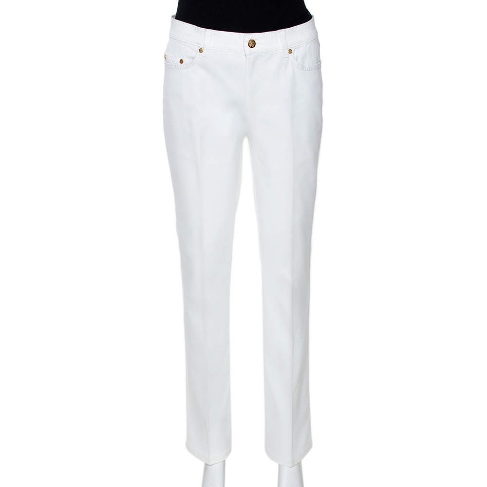 Pre Owned Roberto Cavalli White Denim Embellished Pocket Detail Jeans M
