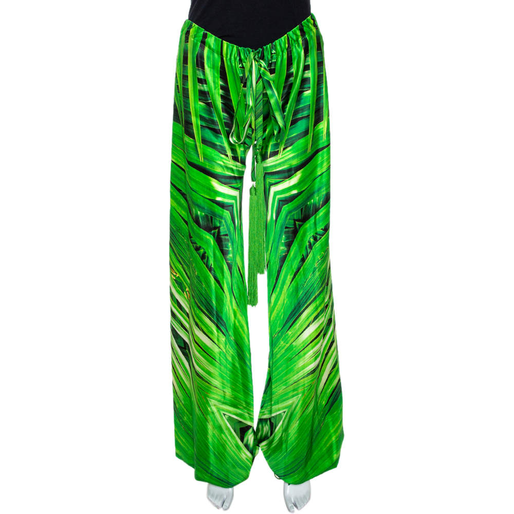 Roberto Cavalli Green Printed Silk Tassel Tie Detail Harem Pants S 