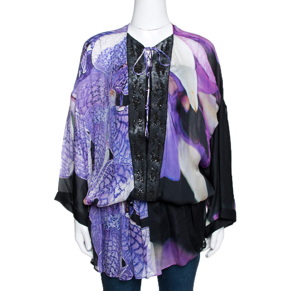 Pre Owned Roberto Cavalli Purple Floral Printed Silk Sequin Embellished Sheer Tunic L