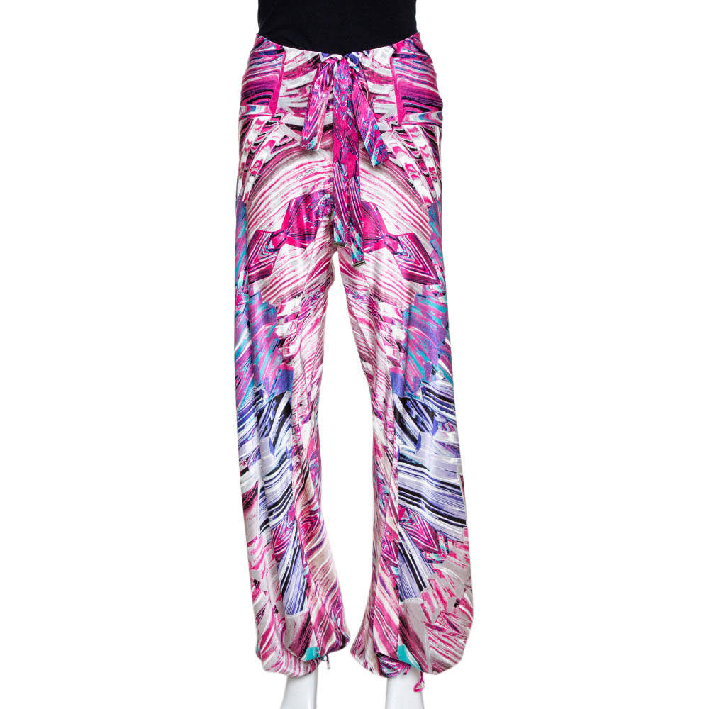 Pre Owned Roberto Cavalli Pink Abstract Printed Silk Elasticised Waist Pants L