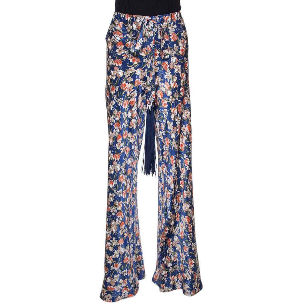 Pre Owned Roberto Cavalli Navy Blue Floral Printed Silk Pants L 