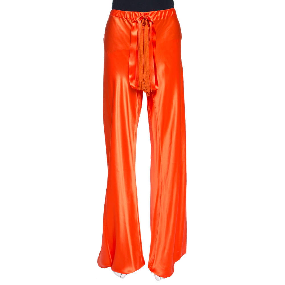 مملوكة مسبقًا بنطلون روبرتو كافالي حرير برتقالي وسط مطاطي مقاس متوسط (ميديوم)