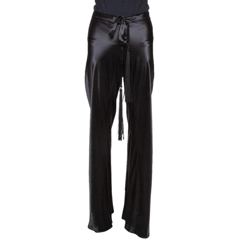Pre Owned Roberto Cavalli Black Satin Front Tassel Tie Detail Pants M